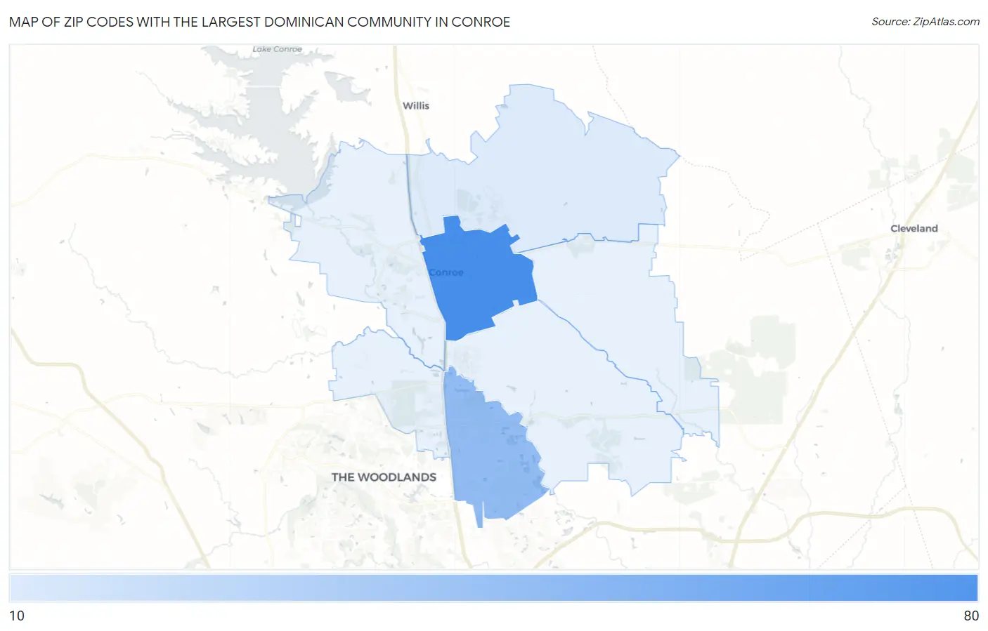 Zip Codes with the Largest Dominican Community in Conroe Map