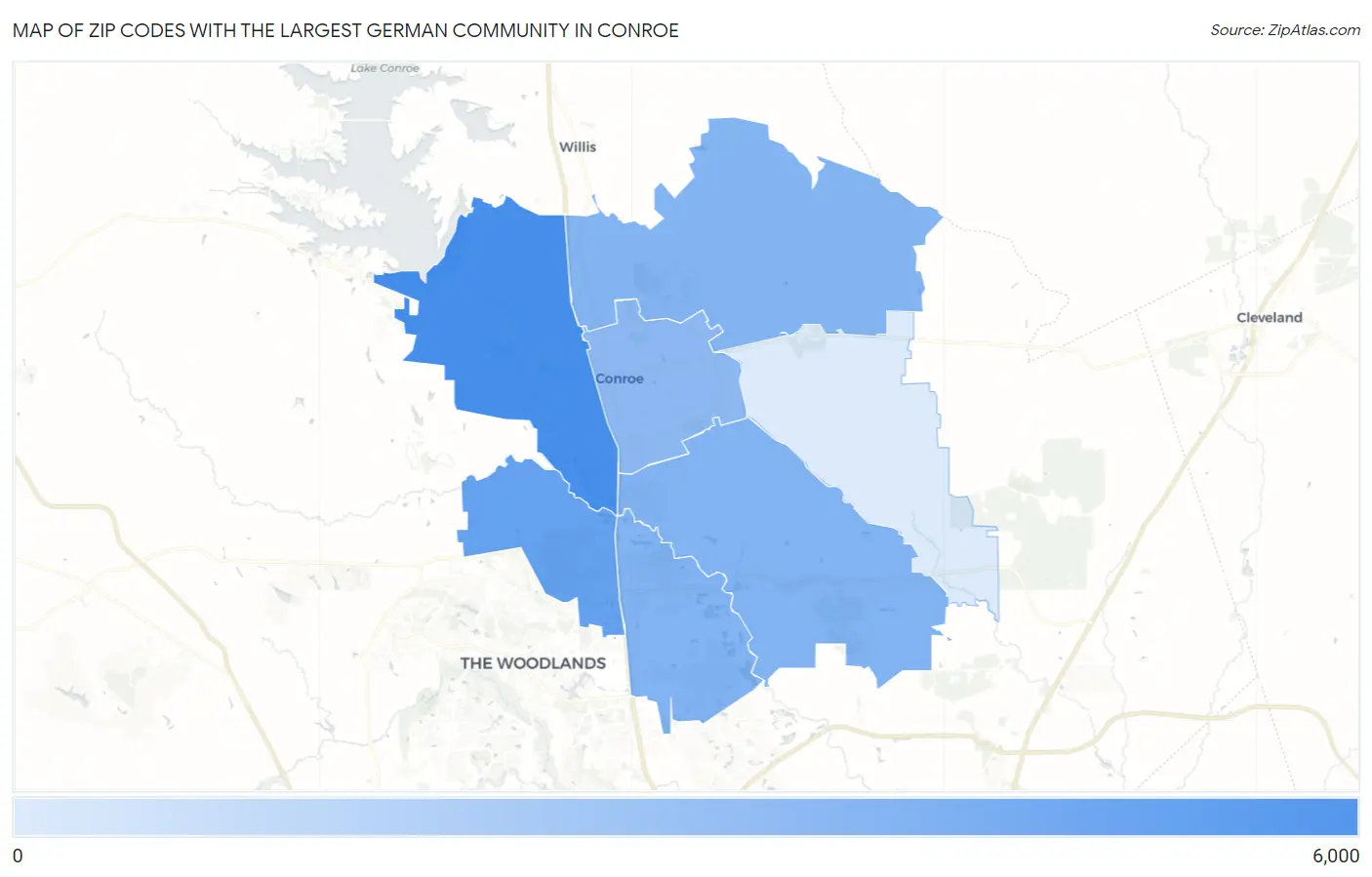 Zip Codes with the Largest German Community in Conroe Map