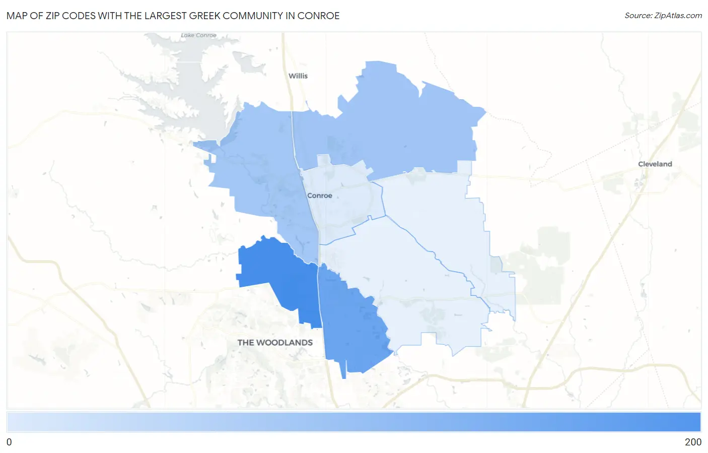 Zip Codes with the Largest Greek Community in Conroe Map