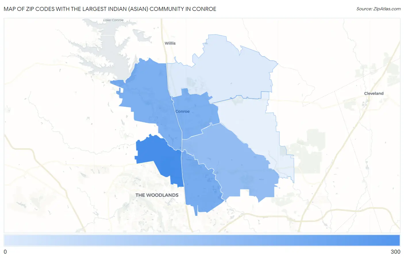 Zip Codes with the Largest Indian (Asian) Community in Conroe Map