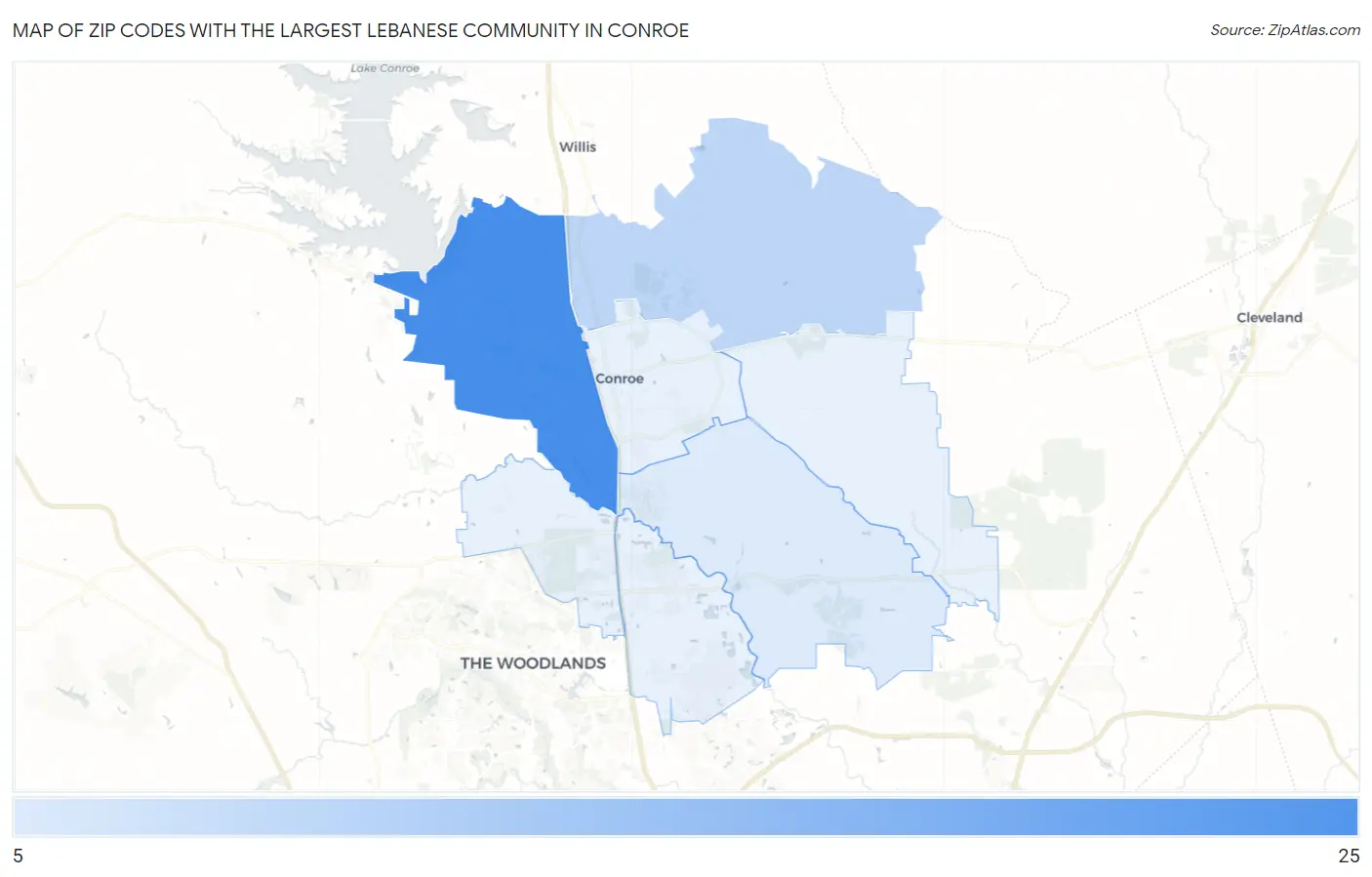 Zip Codes with the Largest Lebanese Community in Conroe Map