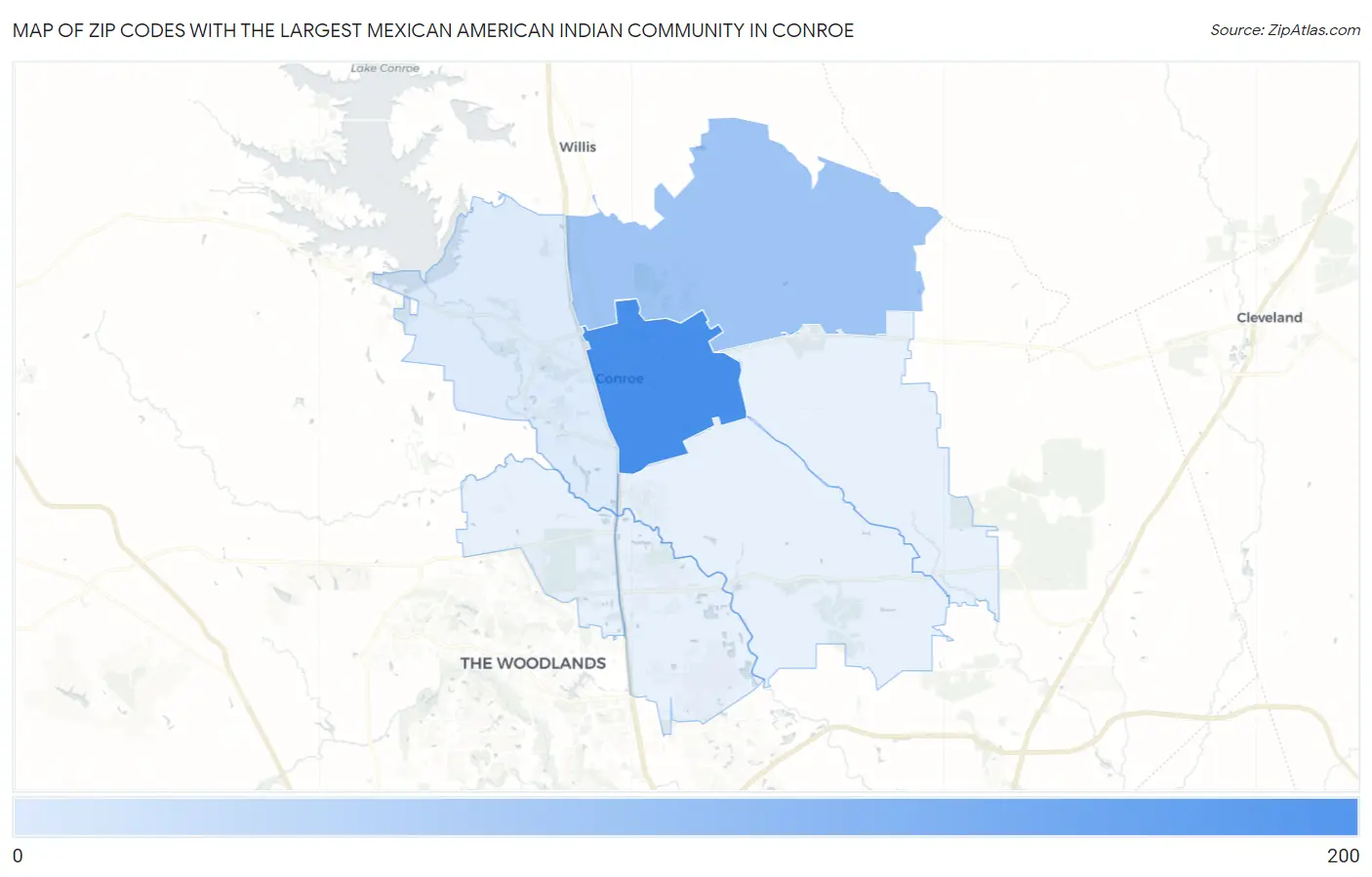 Zip Codes with the Largest Mexican American Indian Community in Conroe Map