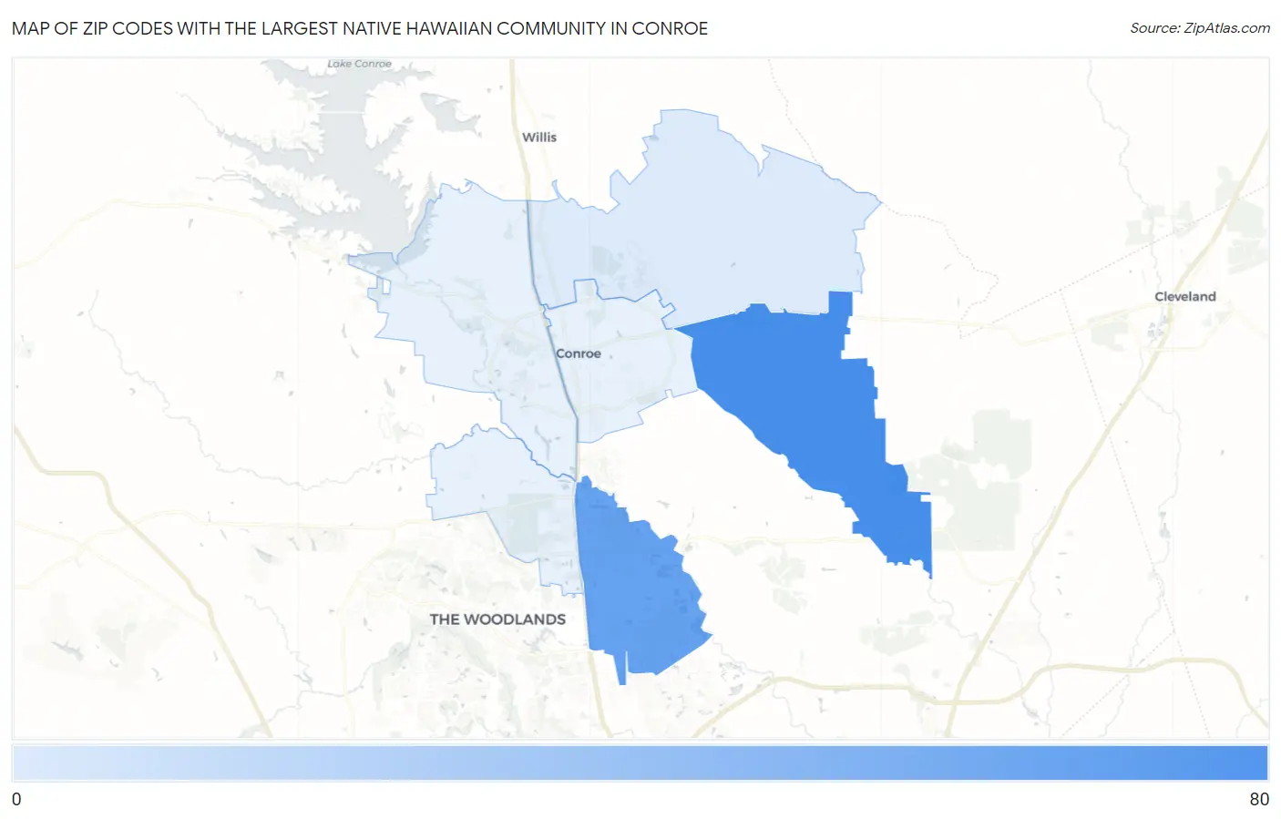 Zip Codes with the Largest Native Hawaiian Community in Conroe Map