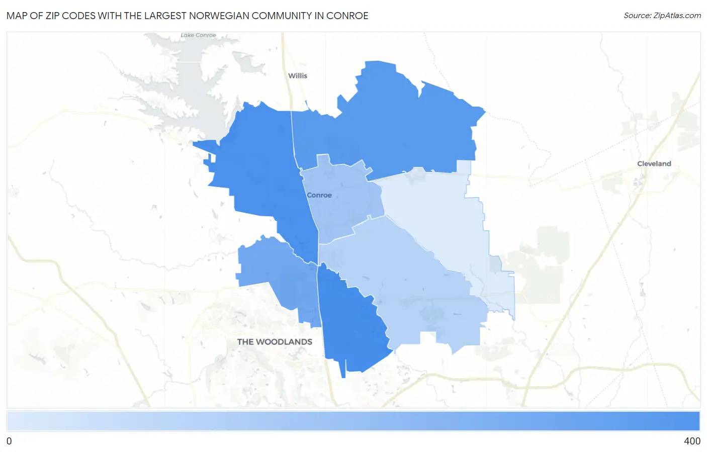 Zip Codes with the Largest Norwegian Community in Conroe Map