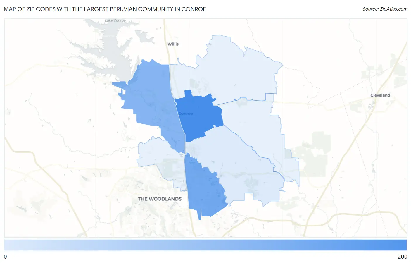Zip Codes with the Largest Peruvian Community in Conroe Map