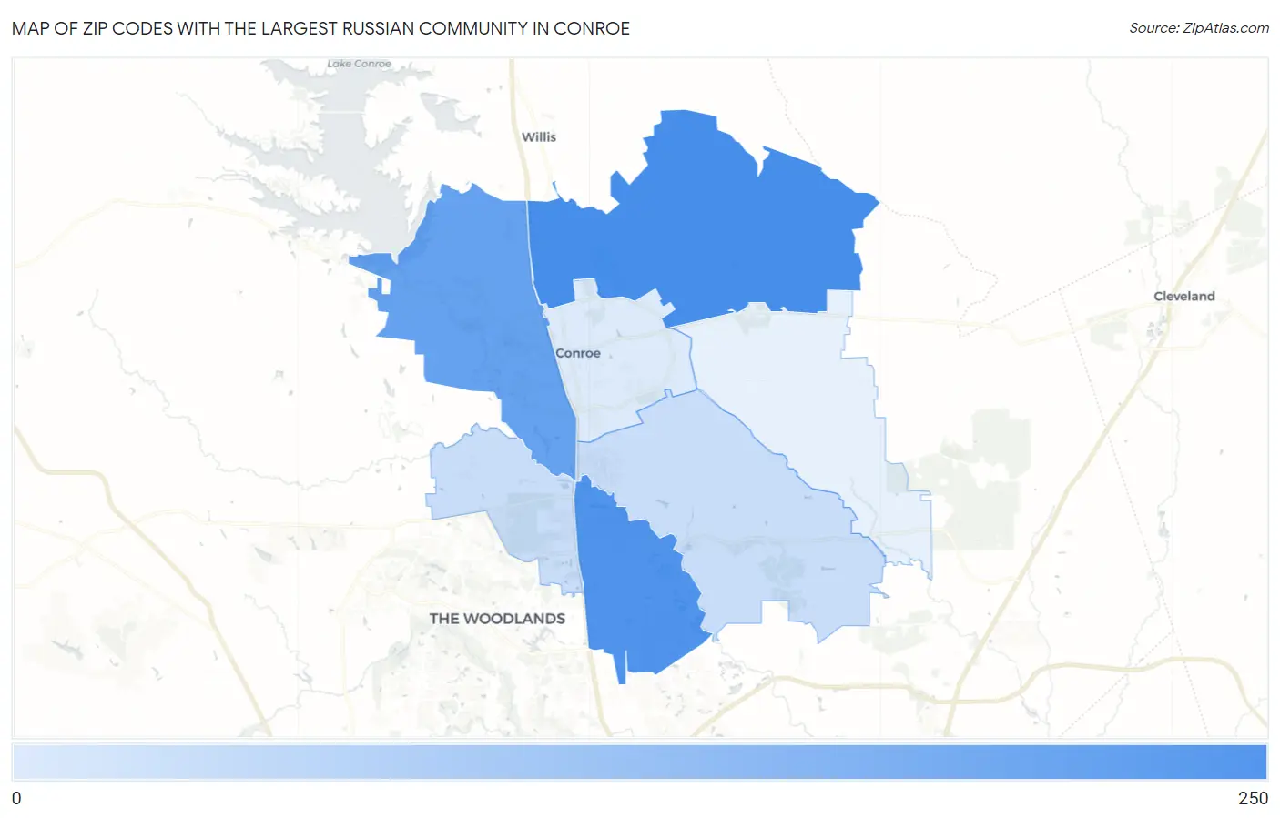Zip Codes with the Largest Russian Community in Conroe Map