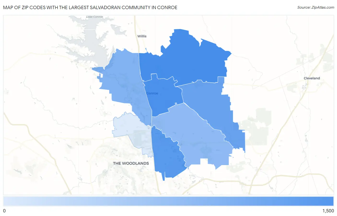 Zip Codes with the Largest Salvadoran Community in Conroe Map