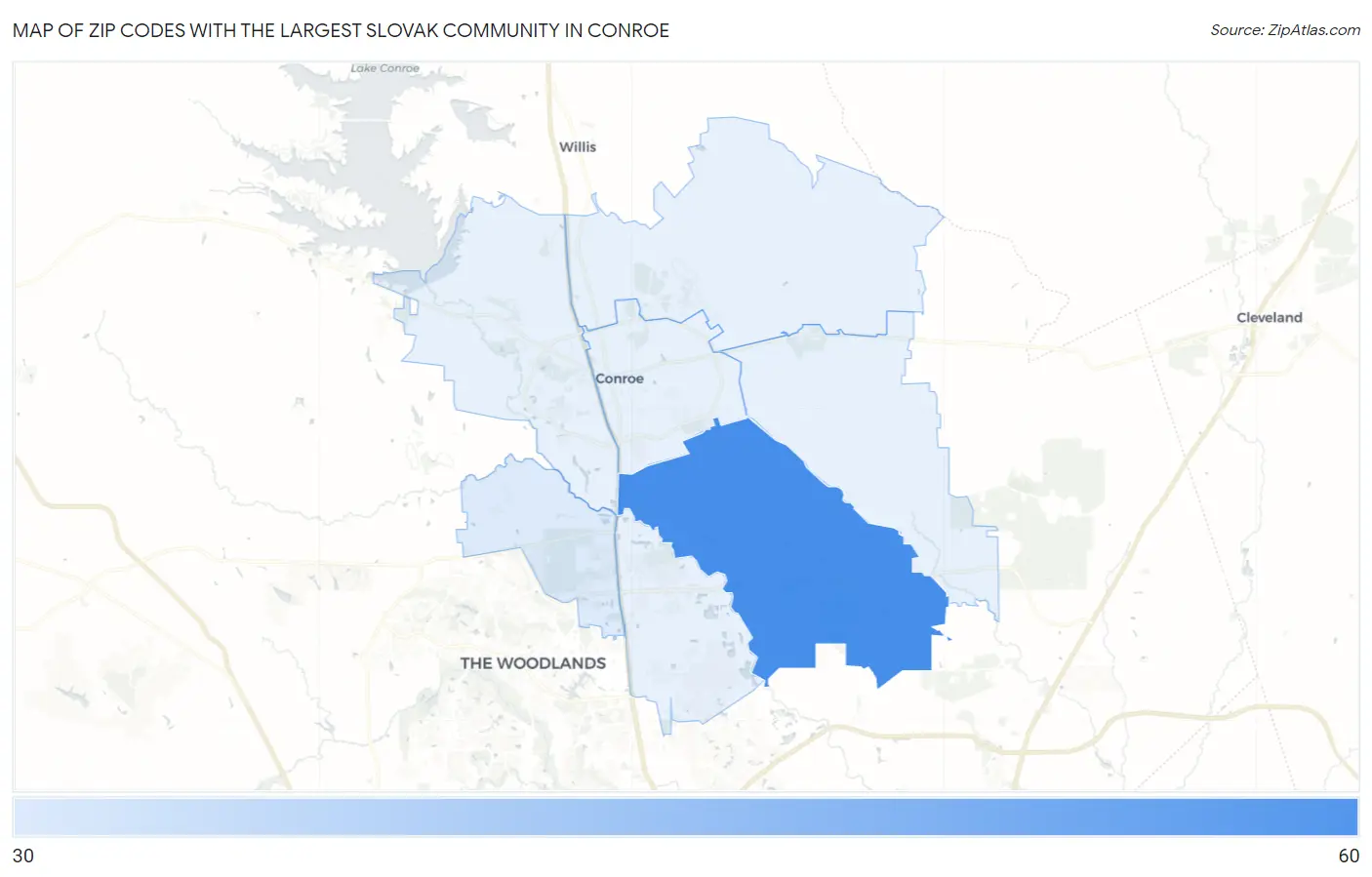 Zip Codes with the Largest Slovak Community in Conroe Map