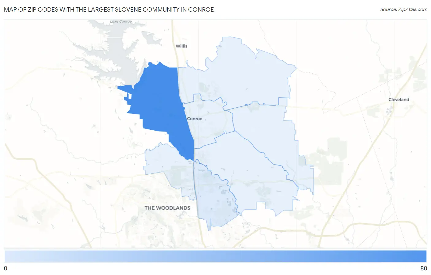 Zip Codes with the Largest Slovene Community in Conroe Map