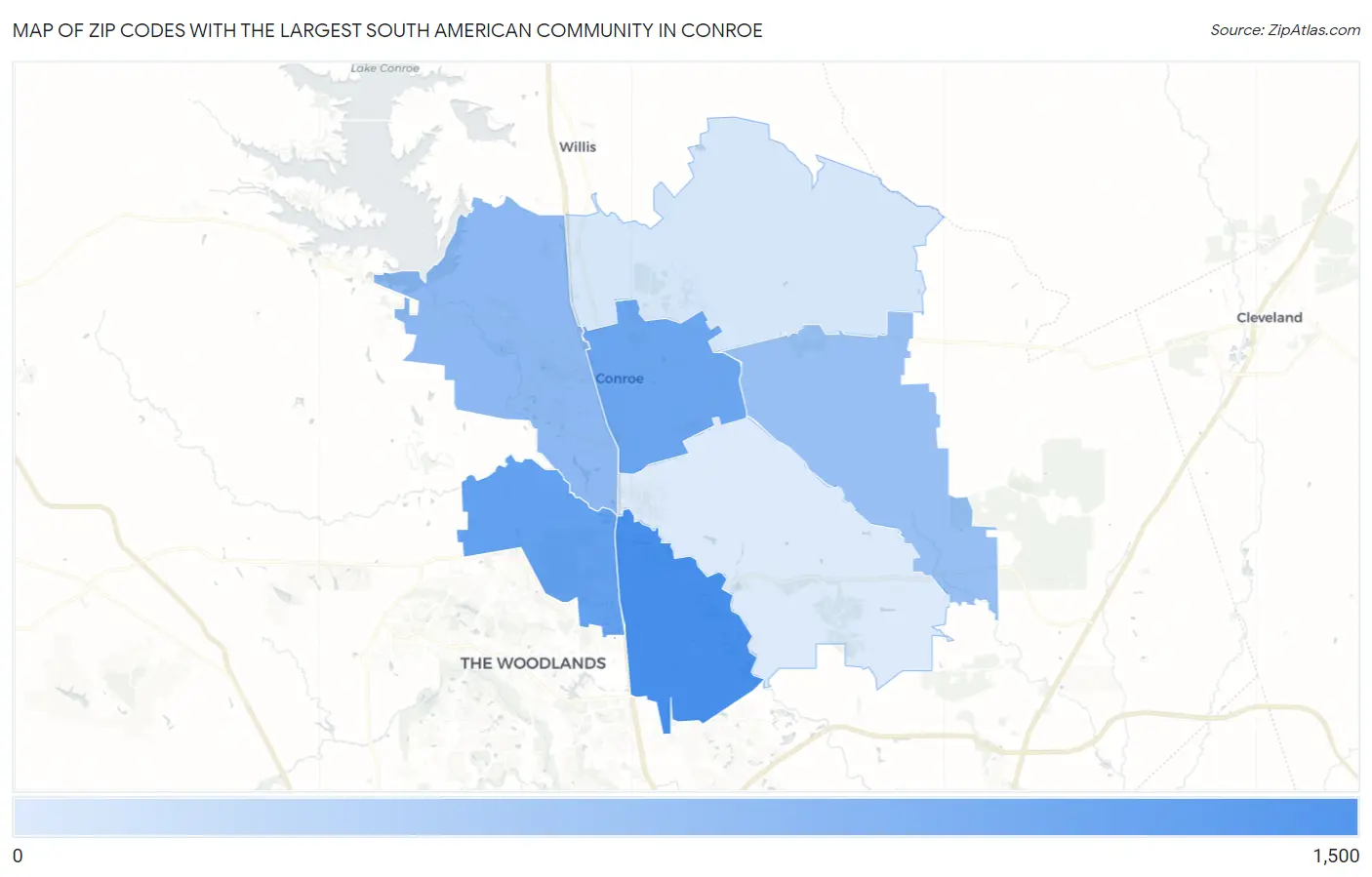 Zip Codes with the Largest South American Community in Conroe Map