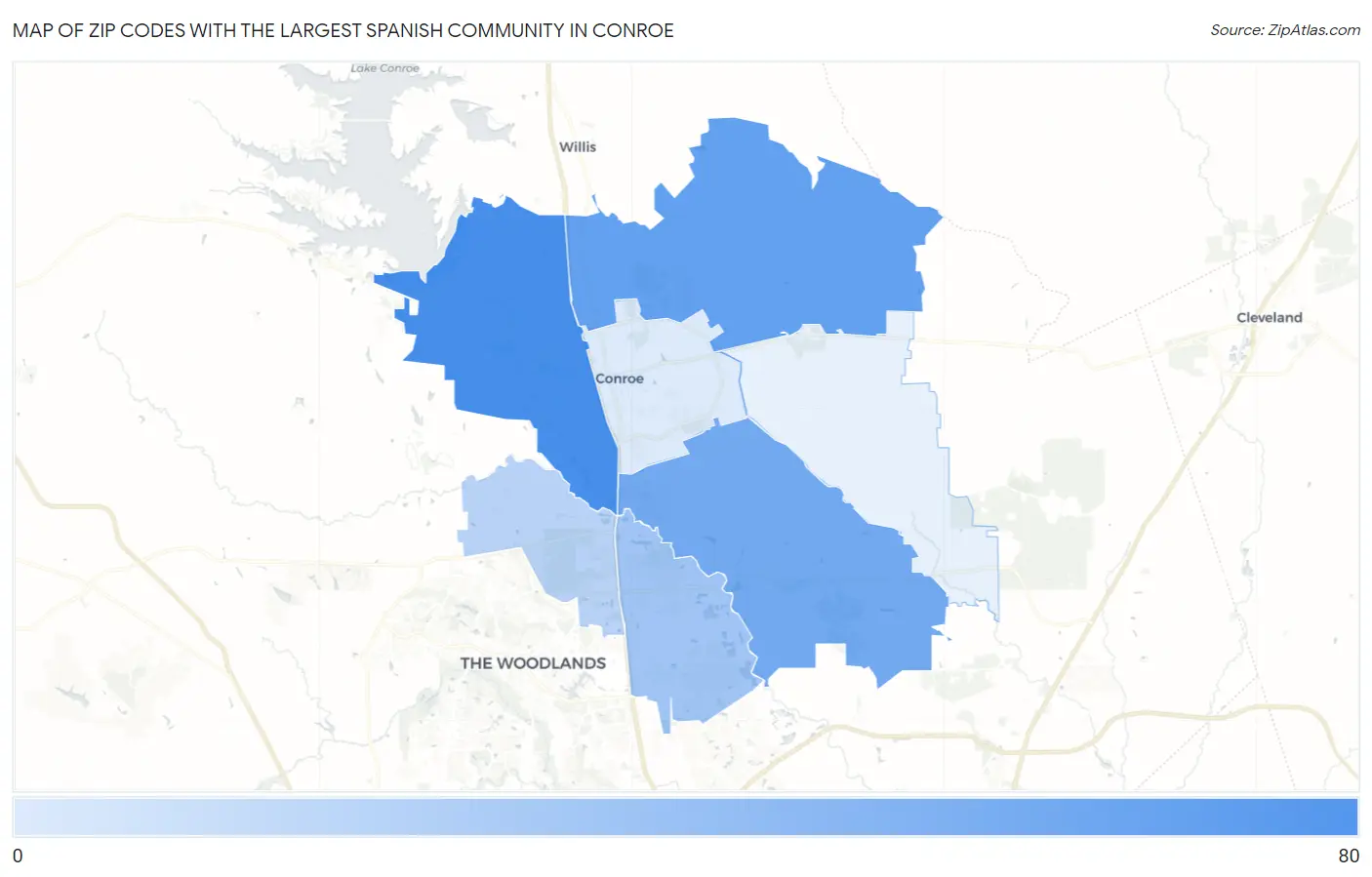 Zip Codes with the Largest Spanish Community in Conroe Map