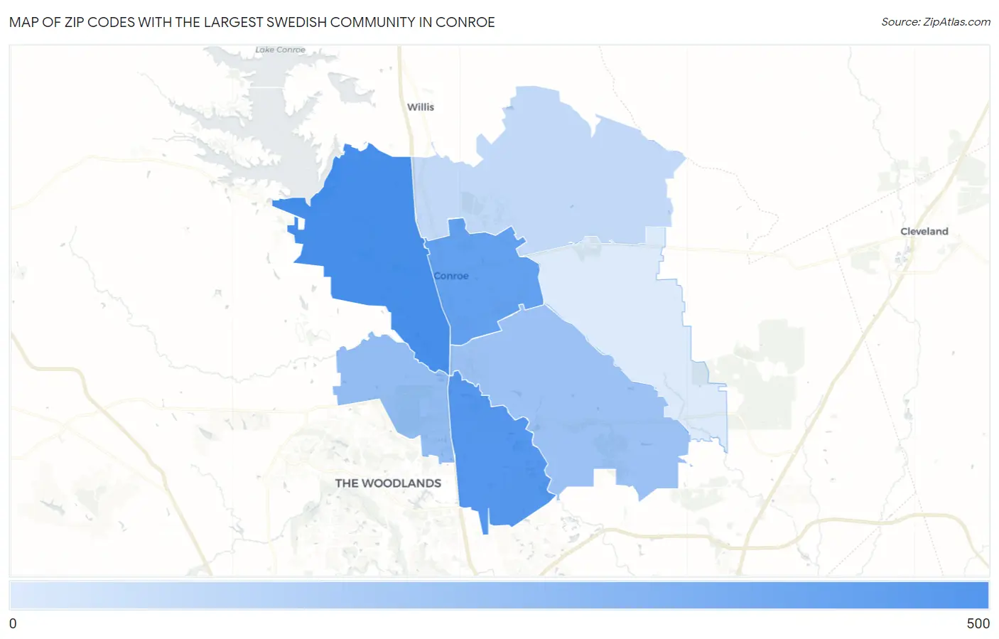 Zip Codes with the Largest Swedish Community in Conroe Map
