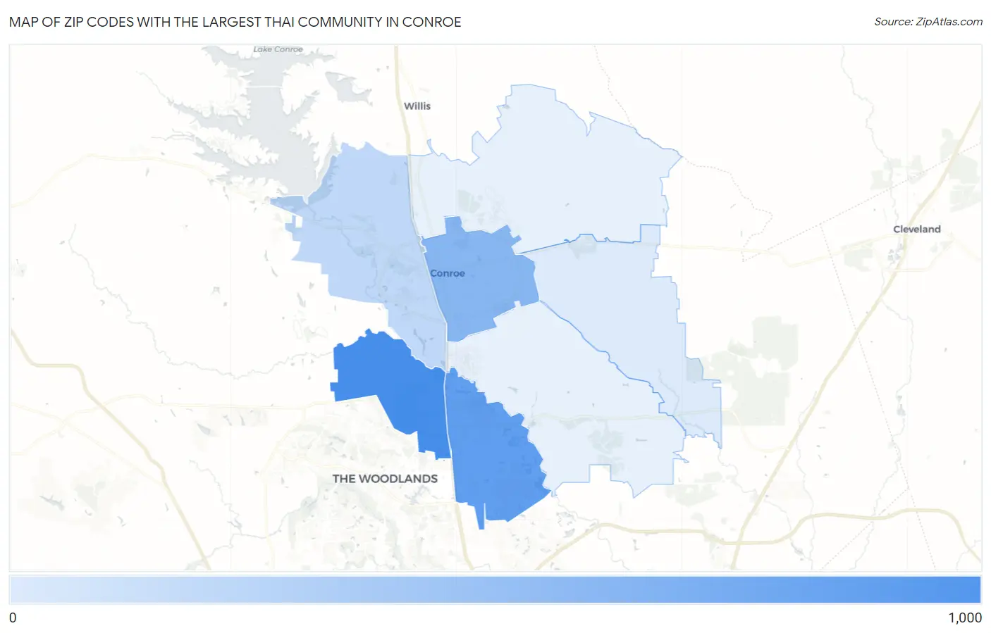 Zip Codes with the Largest Thai Community in Conroe Map
