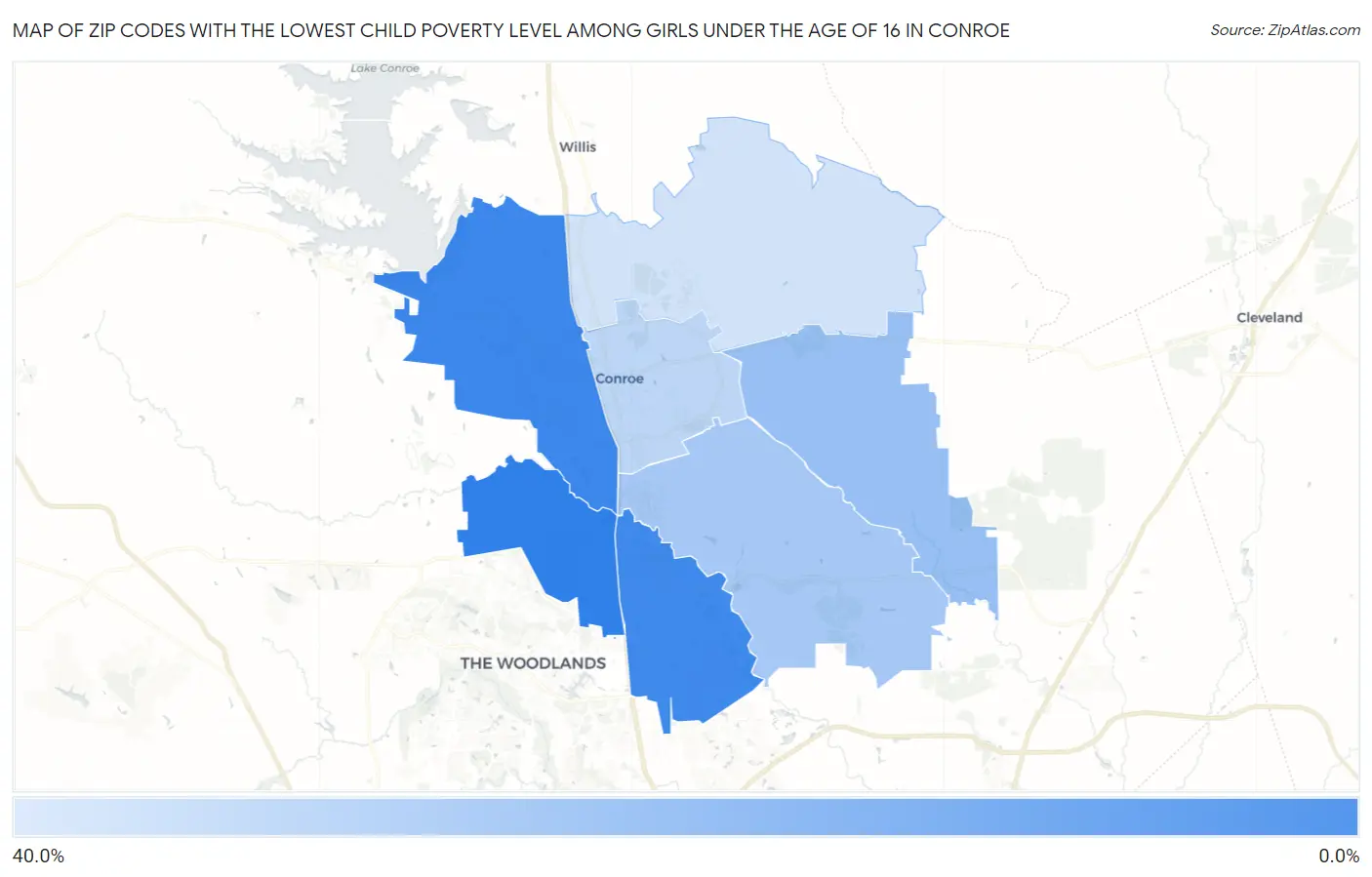 Zip Codes with the Lowest Child Poverty Level Among Girls Under the Age of 16 in Conroe Map