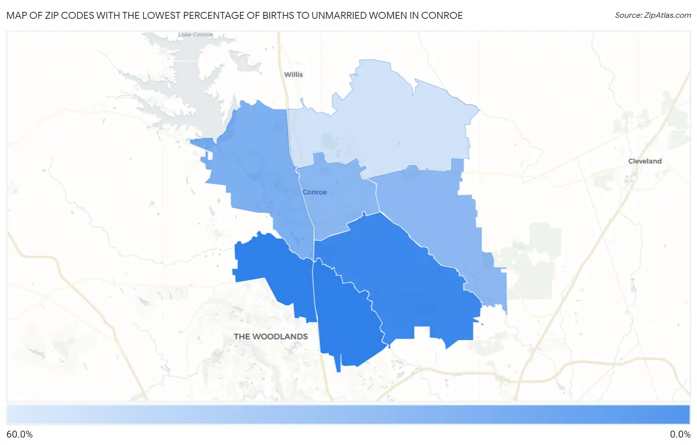 Zip Codes with the Lowest Percentage of Births to Unmarried Women in Conroe Map