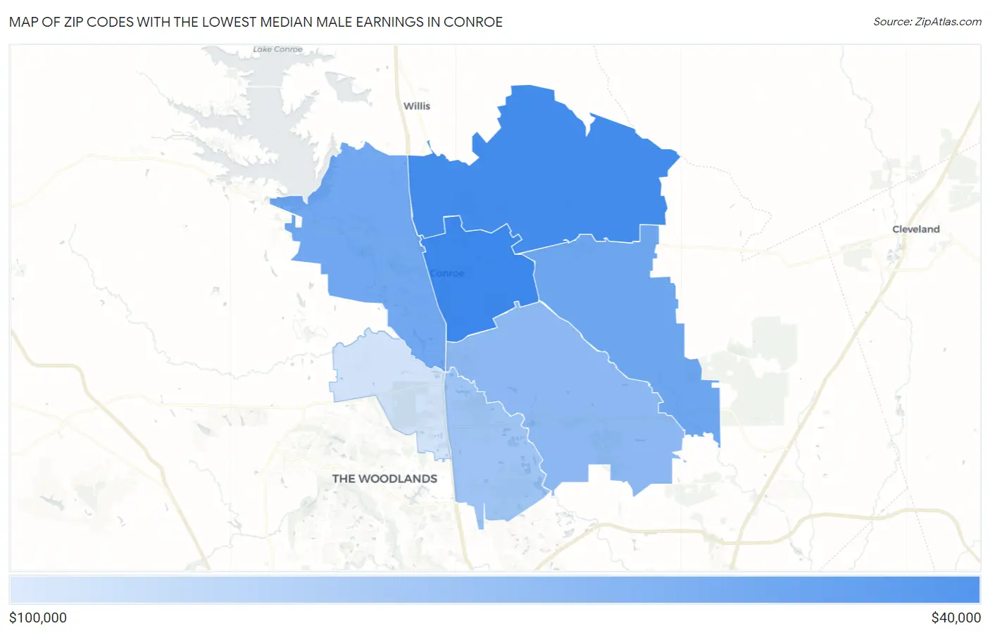 Zip Codes with the Lowest Median Male Earnings in Conroe Map