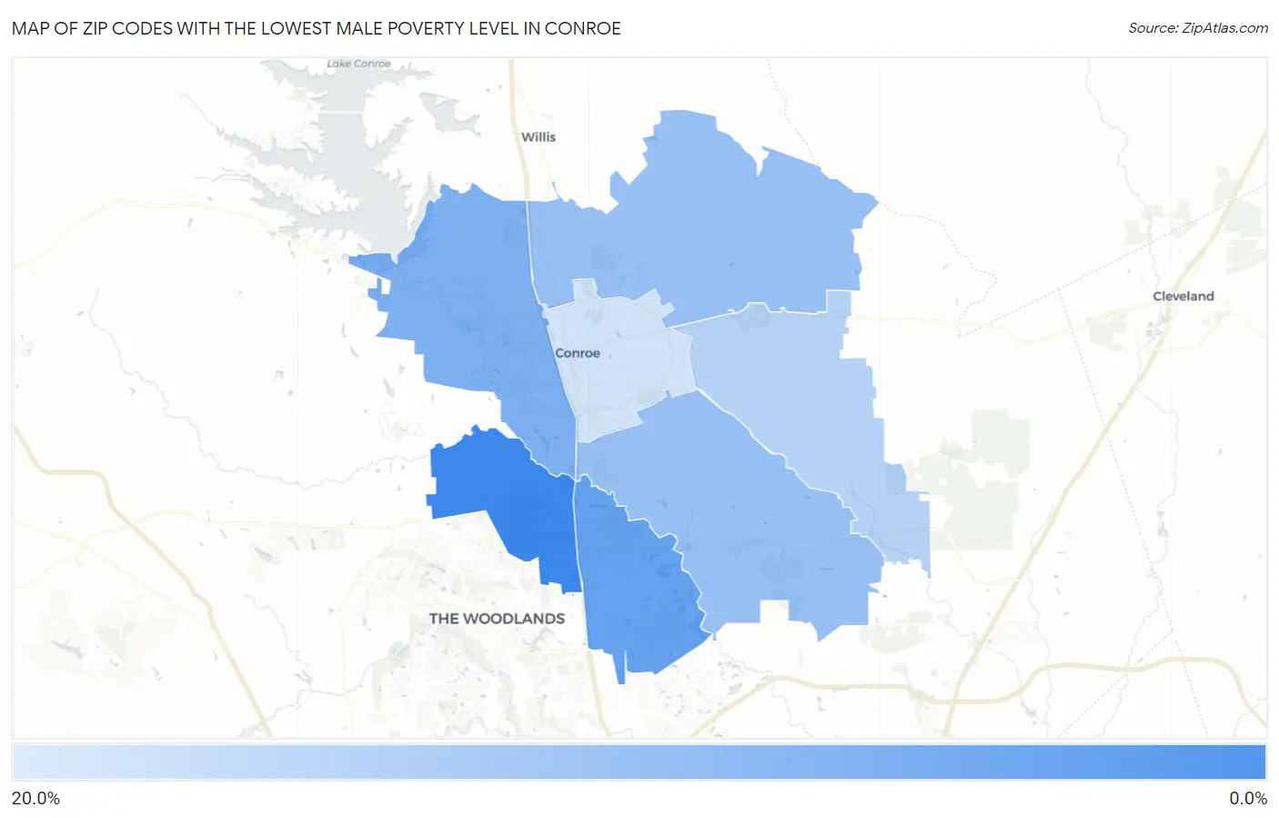 Zip Codes with the Lowest Male Poverty Level in Conroe Map
