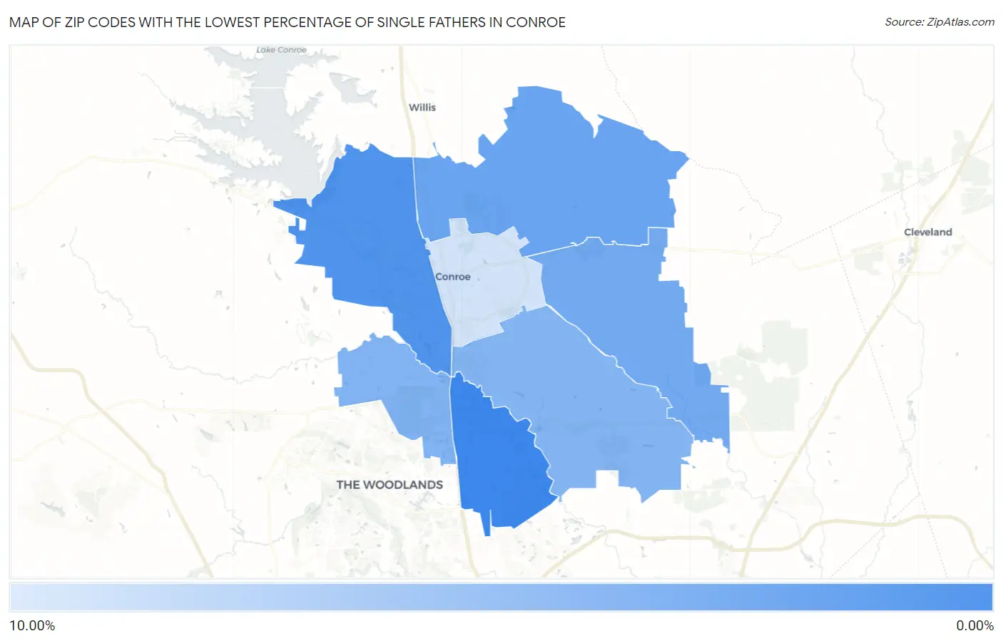 Zip Codes with the Lowest Percentage of Single Fathers in Conroe Map