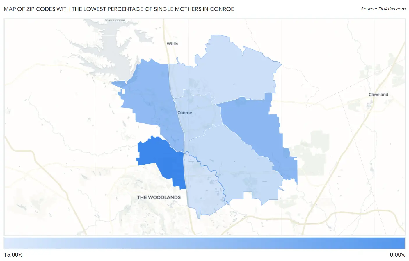 Zip Codes with the Lowest Percentage of Single Mothers in Conroe Map