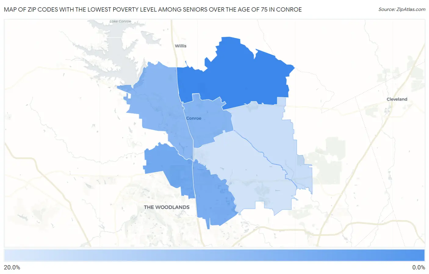 Zip Codes with the Lowest Poverty Level Among Seniors Over the Age of 75 in Conroe Map