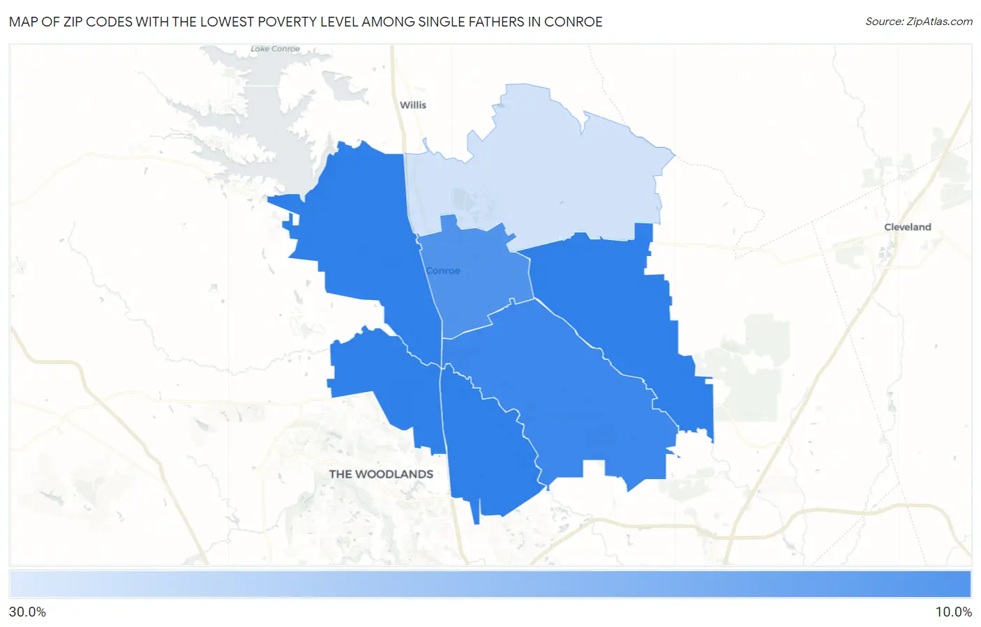 Zip Codes with the Lowest Poverty Level Among Single Fathers in Conroe Map