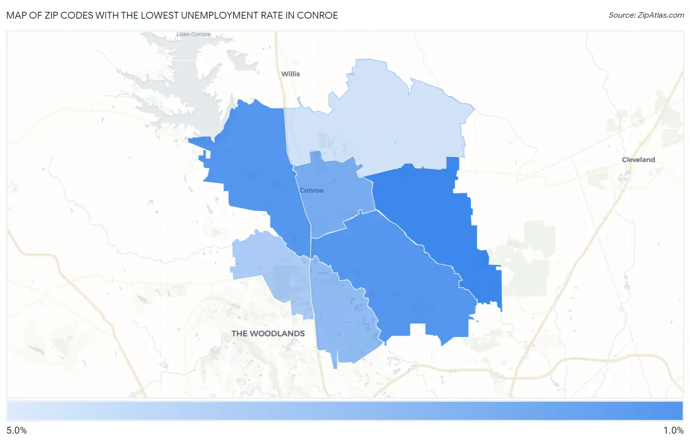 Zip Codes with the Lowest Unemployment Rate in Conroe Map