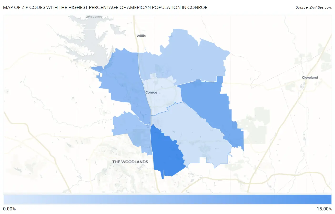 Zip Codes with the Highest Percentage of American Population in Conroe Map
