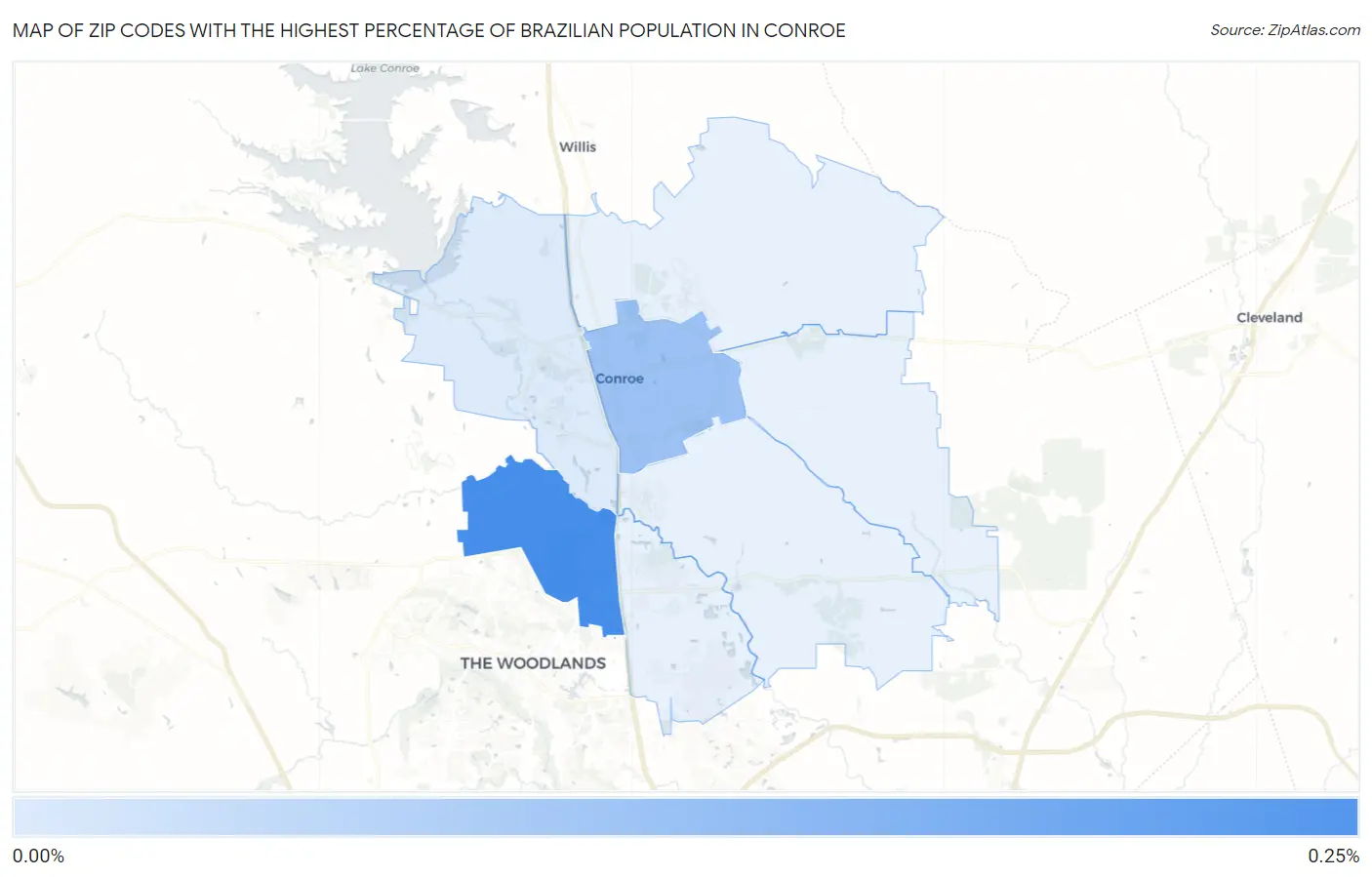 Zip Codes with the Highest Percentage of Brazilian Population in Conroe Map