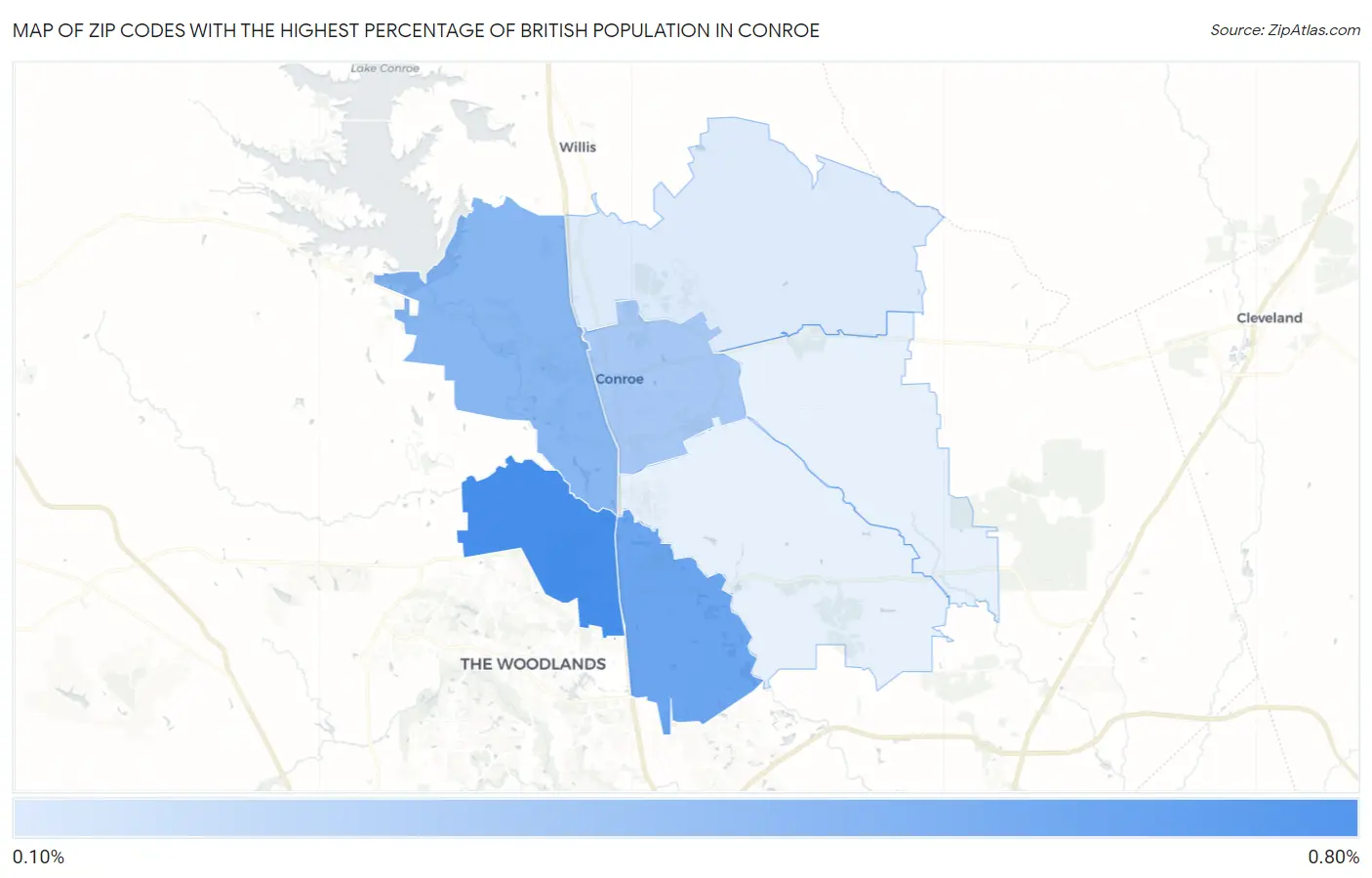 Zip Codes with the Highest Percentage of British Population in Conroe Map