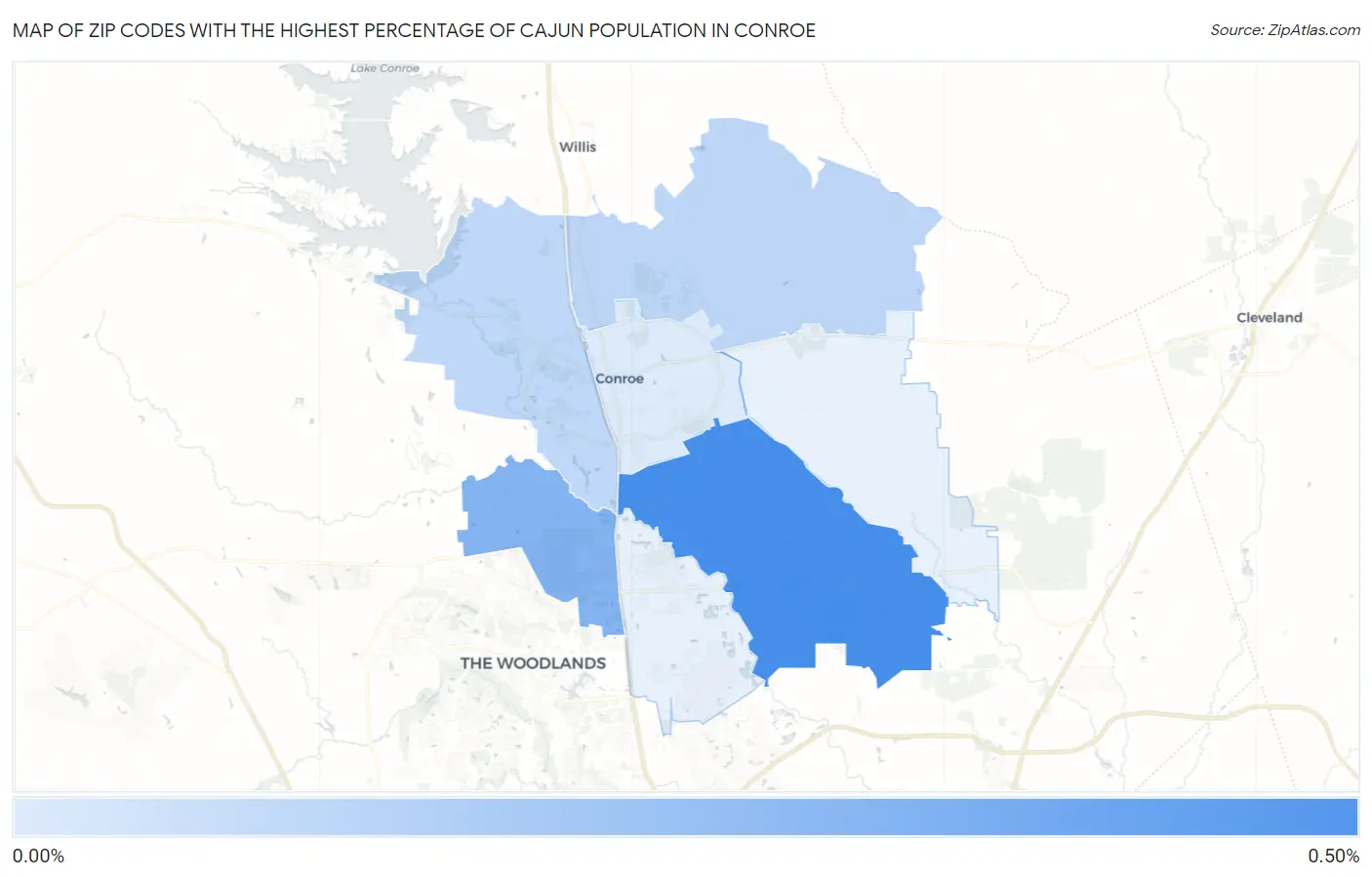 Zip Codes with the Highest Percentage of Cajun Population in Conroe Map