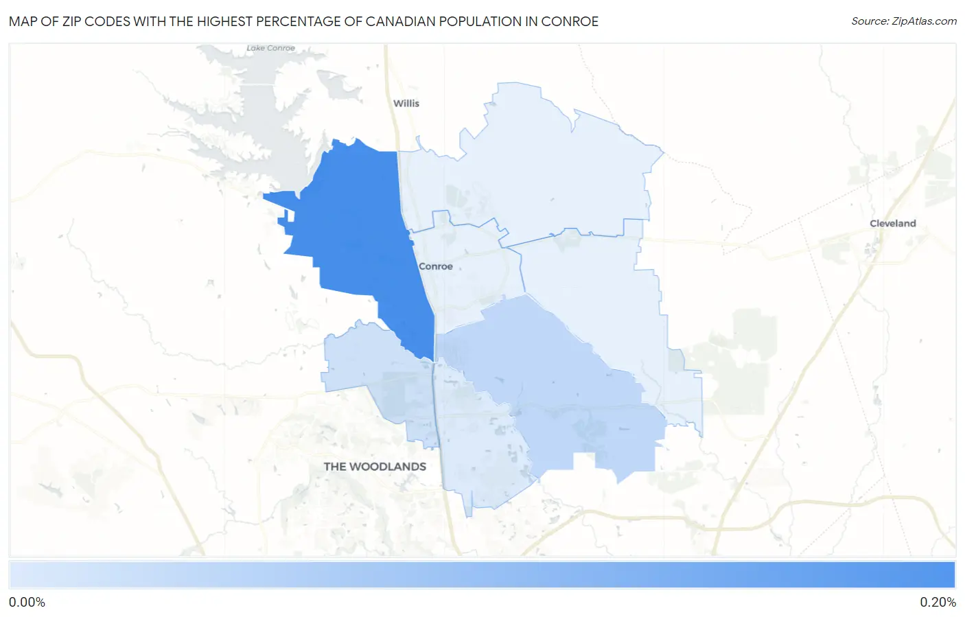 Zip Codes with the Highest Percentage of Canadian Population in Conroe Map