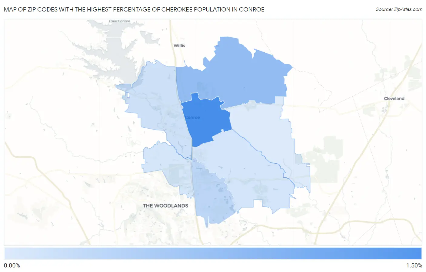 Zip Codes with the Highest Percentage of Cherokee Population in Conroe Map