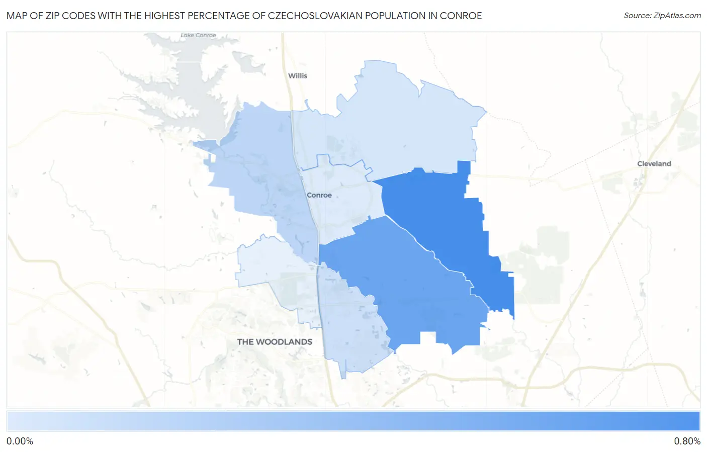 Zip Codes with the Highest Percentage of Czechoslovakian Population in Conroe Map