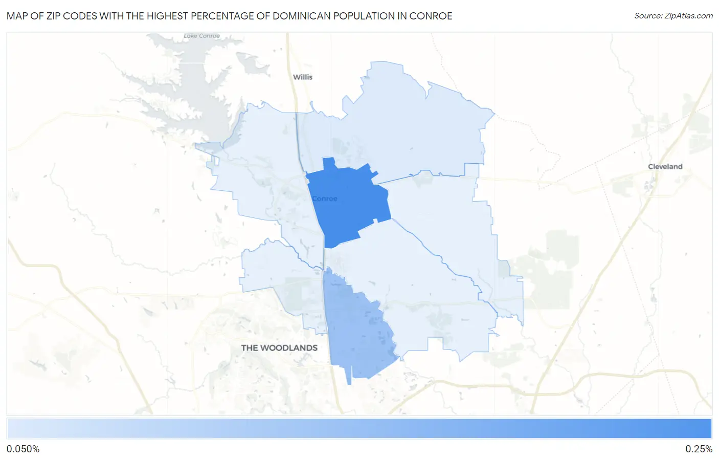 Zip Codes with the Highest Percentage of Dominican Population in Conroe Map