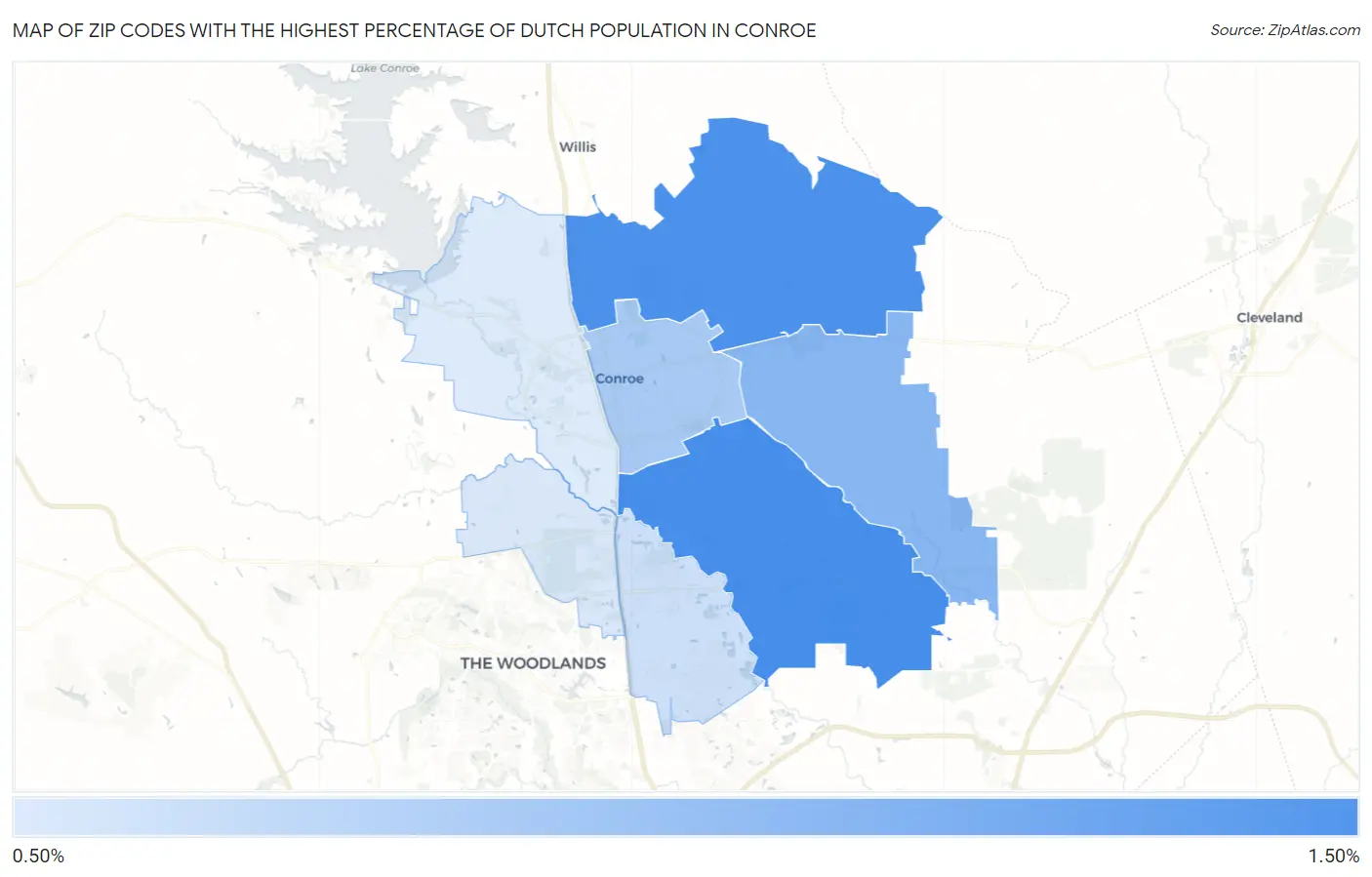 Zip Codes with the Highest Percentage of Dutch Population in Conroe Map