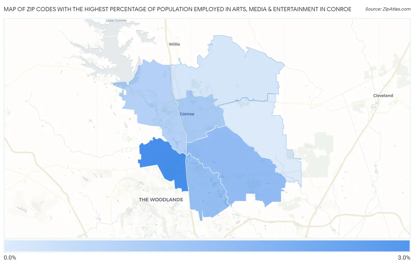Zip Codes with the Highest Percentage of Population Employed in Arts, Media & Entertainment in Conroe Map
