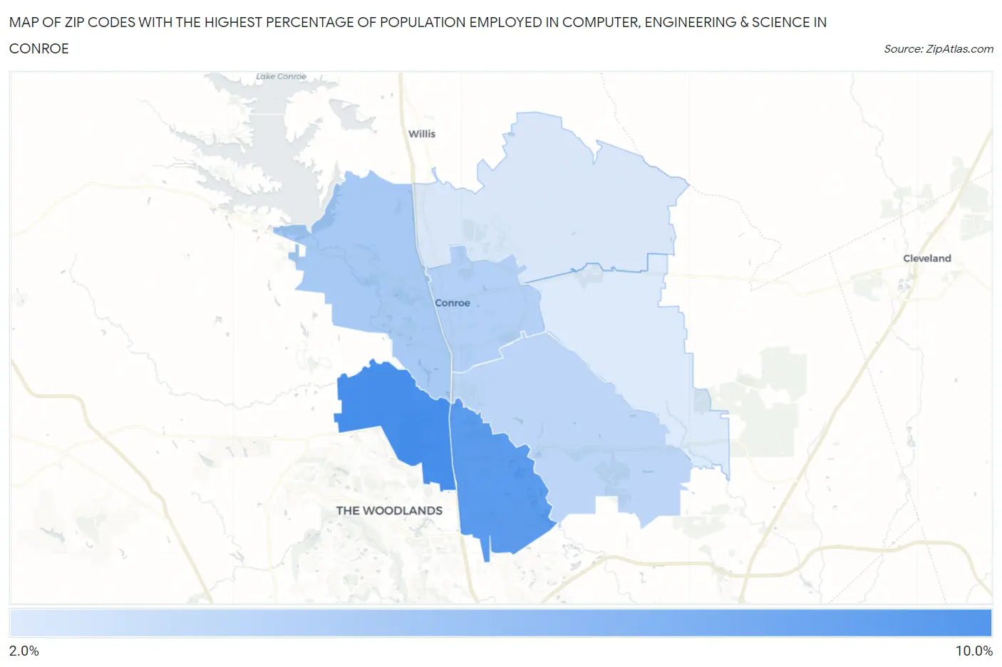 Zip Codes with the Highest Percentage of Population Employed in Computer, Engineering & Science in Conroe Map