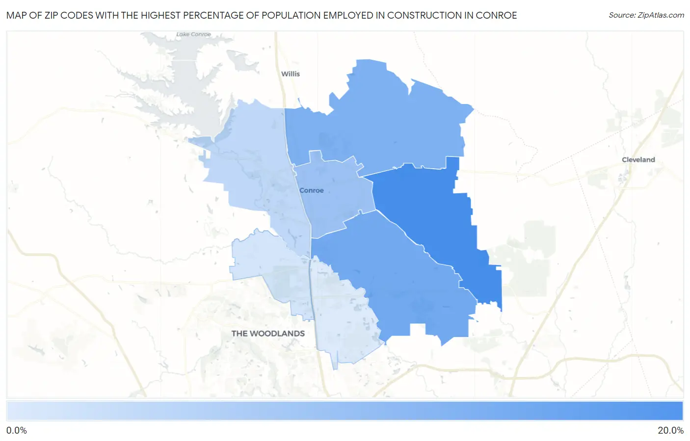 Zip Codes with the Highest Percentage of Population Employed in Construction in Conroe Map