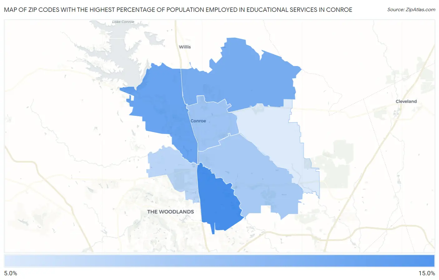 Zip Codes with the Highest Percentage of Population Employed in Educational Services in Conroe Map