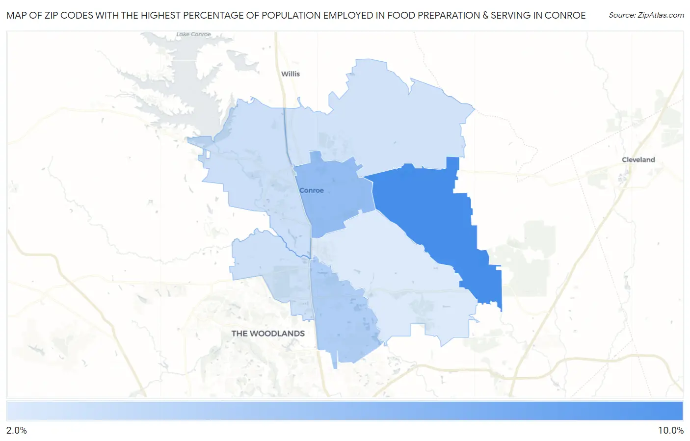 Zip Codes with the Highest Percentage of Population Employed in Food Preparation & Serving in Conroe Map