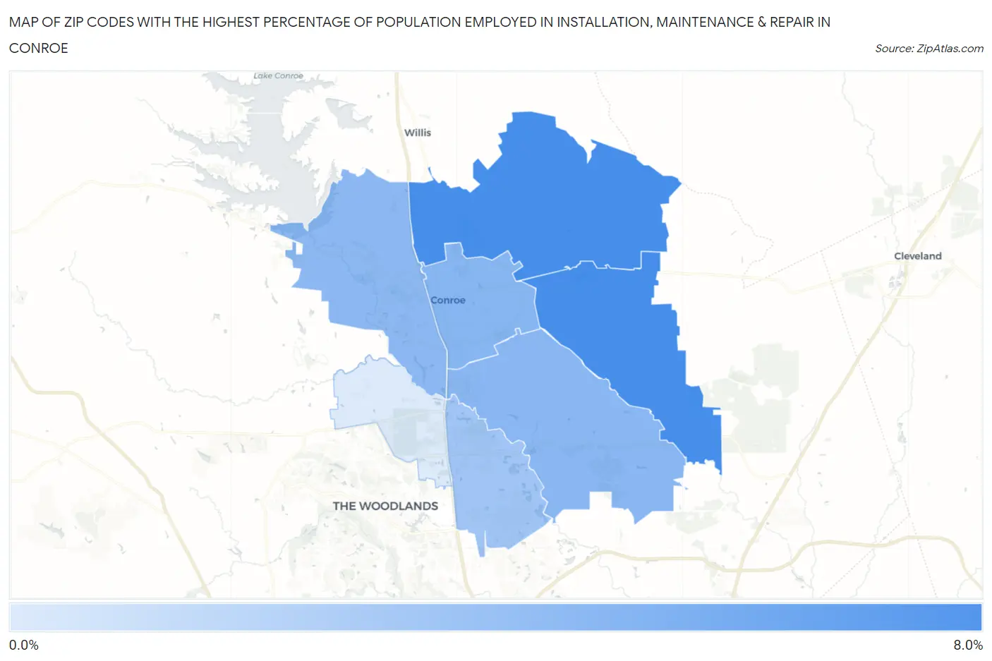 Zip Codes with the Highest Percentage of Population Employed in Installation, Maintenance & Repair in Conroe Map