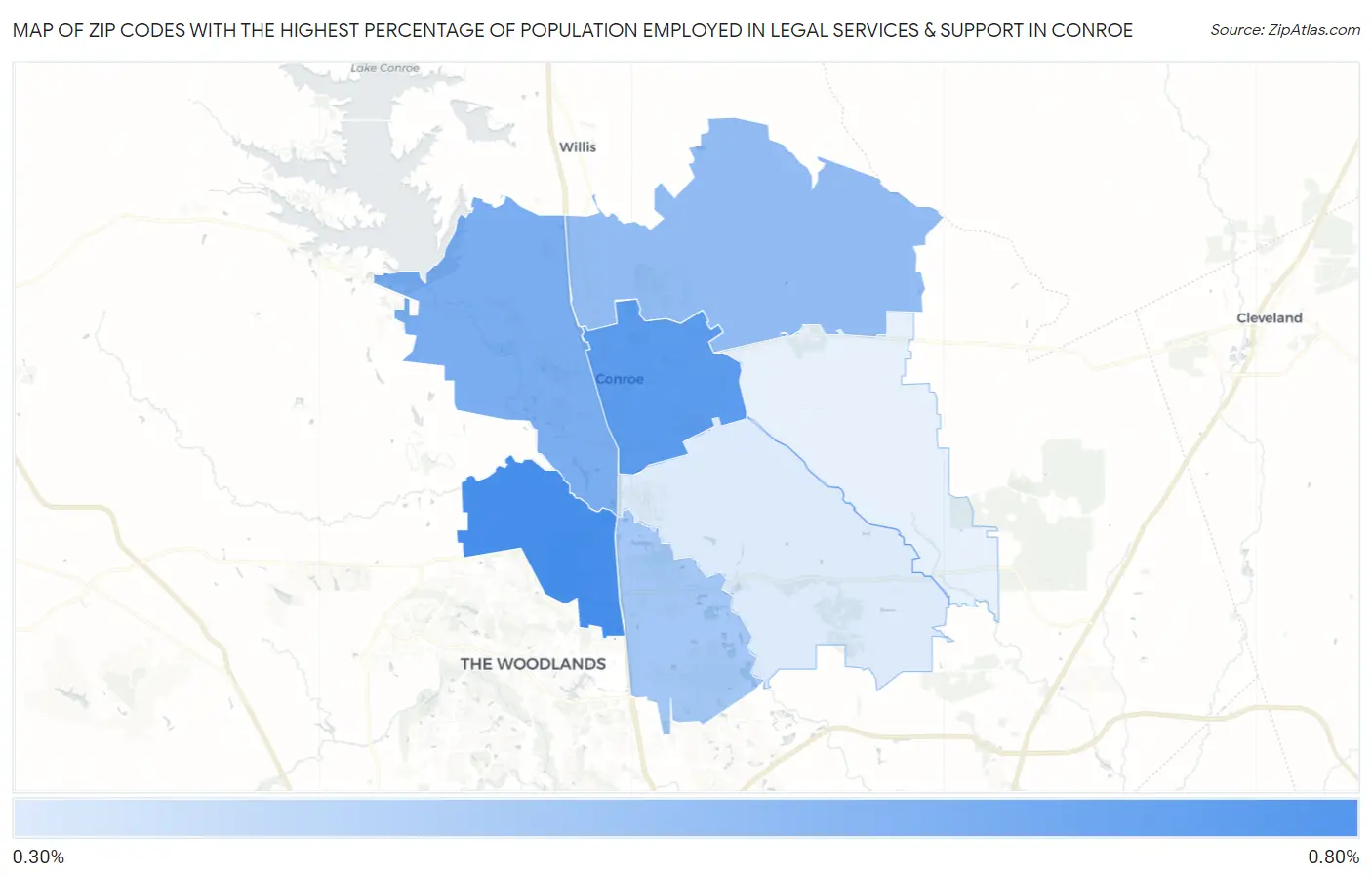 Zip Codes with the Highest Percentage of Population Employed in Legal Services & Support in Conroe Map