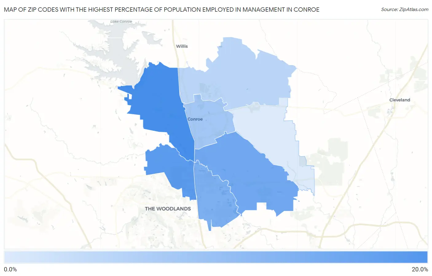 Zip Codes with the Highest Percentage of Population Employed in Management in Conroe Map