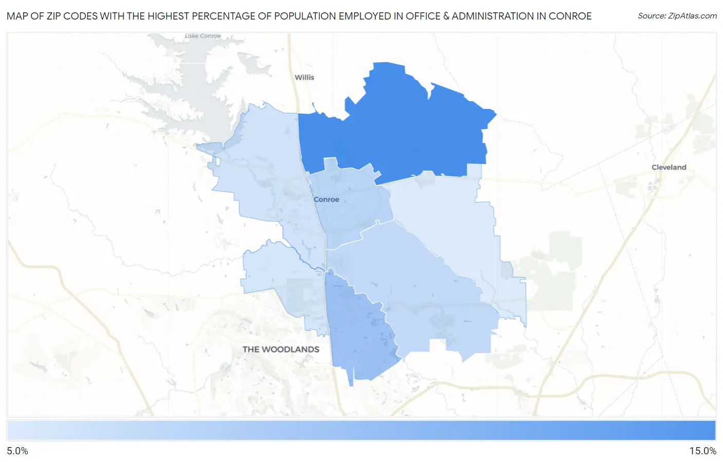 Zip Codes with the Highest Percentage of Population Employed in Office & Administration in Conroe Map