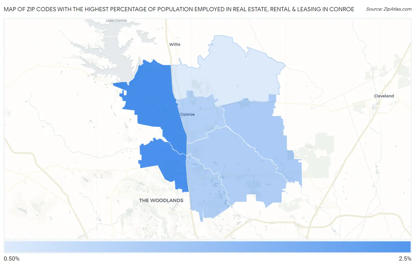 Zip Codes with the Highest Percentage of Population Employed in Real Estate, Rental & Leasing in Conroe Map