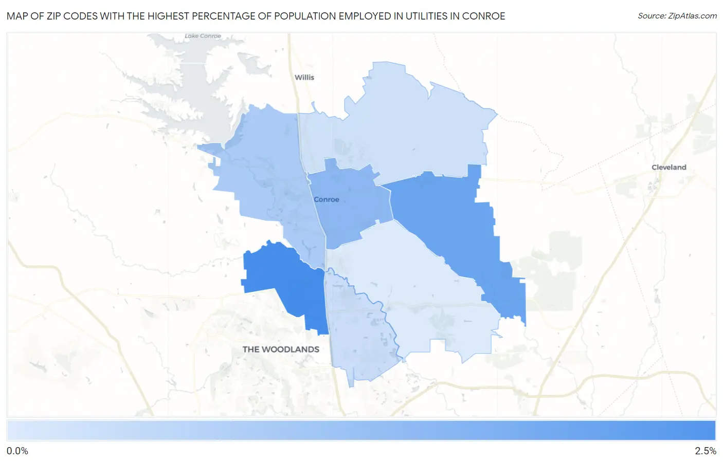 Zip Codes with the Highest Percentage of Population Employed in Utilities in Conroe Map