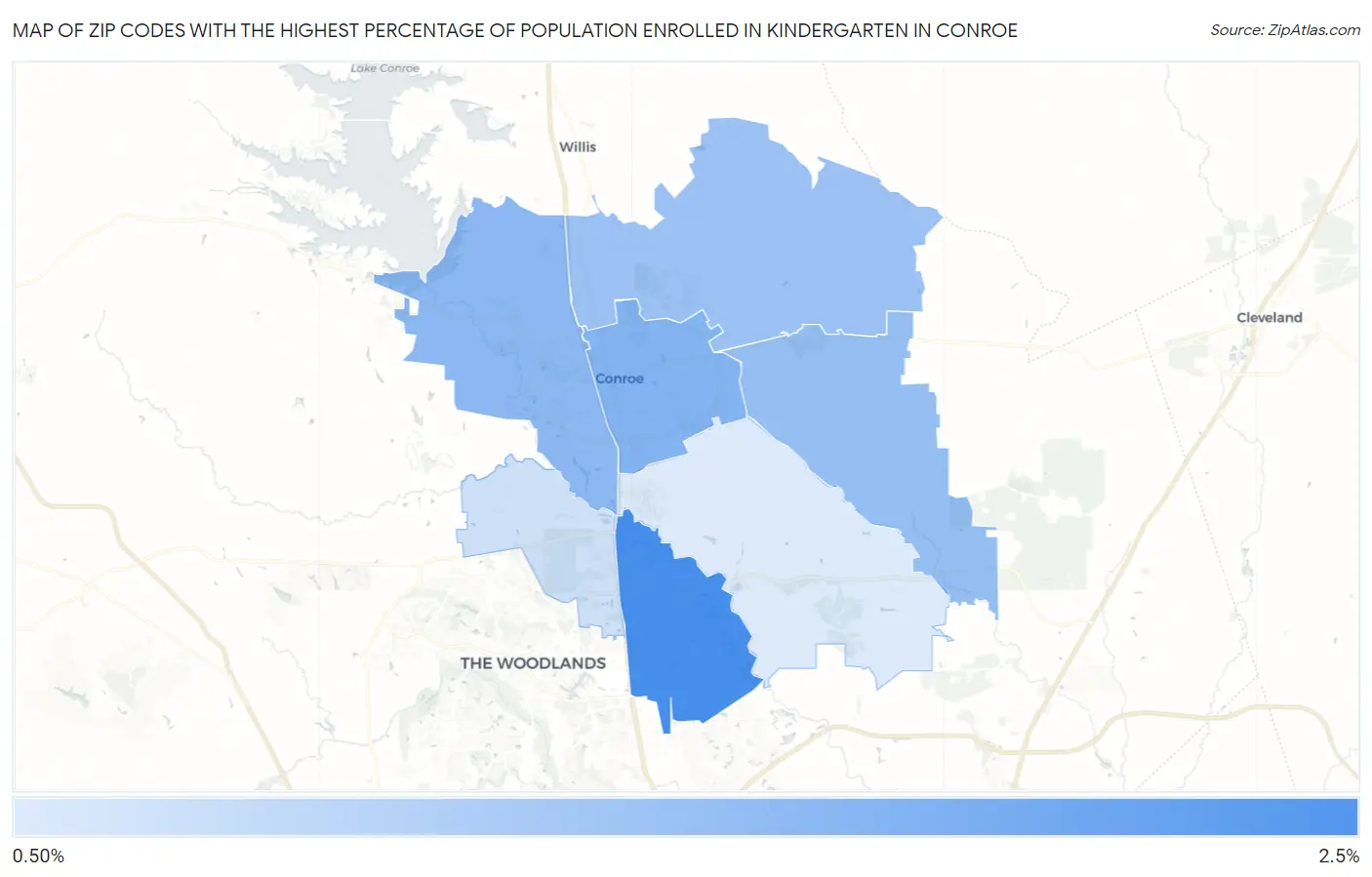 Zip Codes with the Highest Percentage of Population Enrolled in Kindergarten in Conroe Map