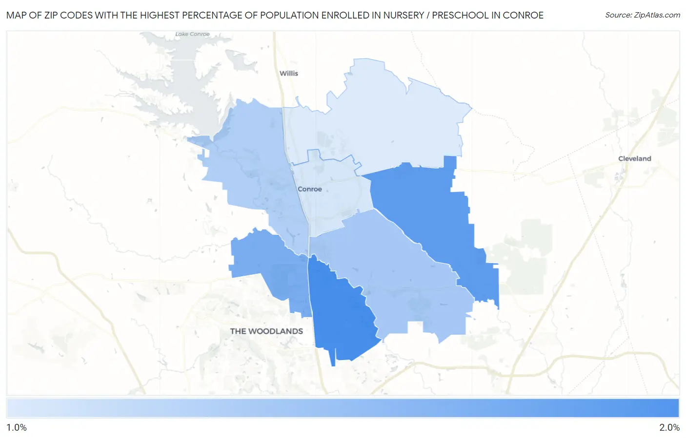 Zip Codes with the Highest Percentage of Population Enrolled in Nursery / Preschool in Conroe Map