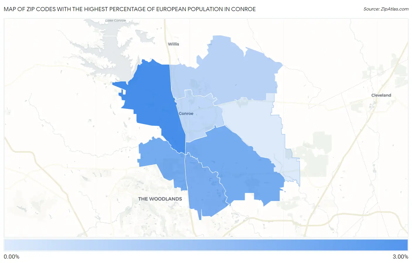 Zip Codes with the Highest Percentage of European Population in Conroe Map