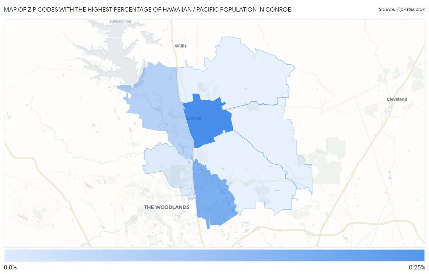 Zip Codes with the Highest Percentage of Hawaiian / Pacific Population in Conroe Map